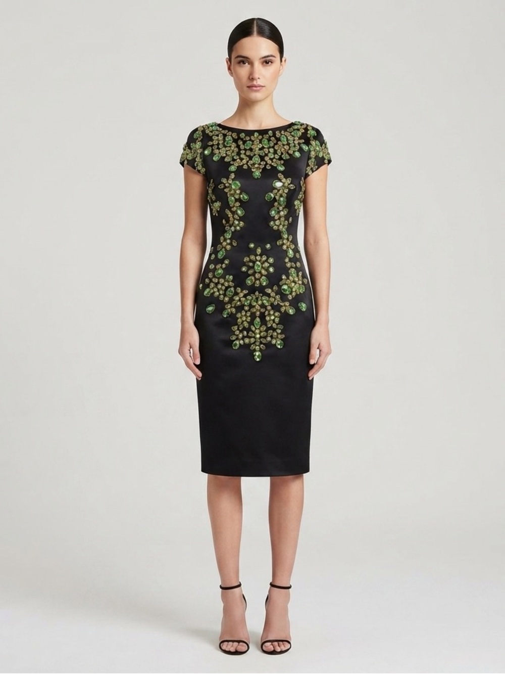 Mandalay Beaded Cocktail Dress Black Green Crystal Embellished Sheath Size 10